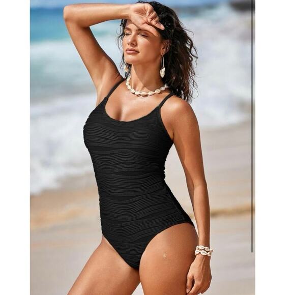 Pink Queen Black One Piece Swimsuit Textured Tummy Control Size L Bathing Suit - Picture 2 of 15